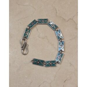 Vintage Unique Alpaca Silver Floral Inlay Linked Bracelet 6.75"